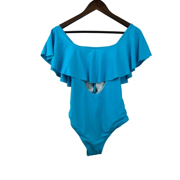 NEW Tempt Me Bathing Suit One Piece Turquoise Blue Ruffle Front Women's Size S - Picture 3 of 10